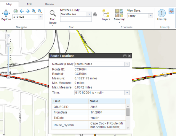 Viewing results in the Route Locations window Viewing results in the Route Locations window